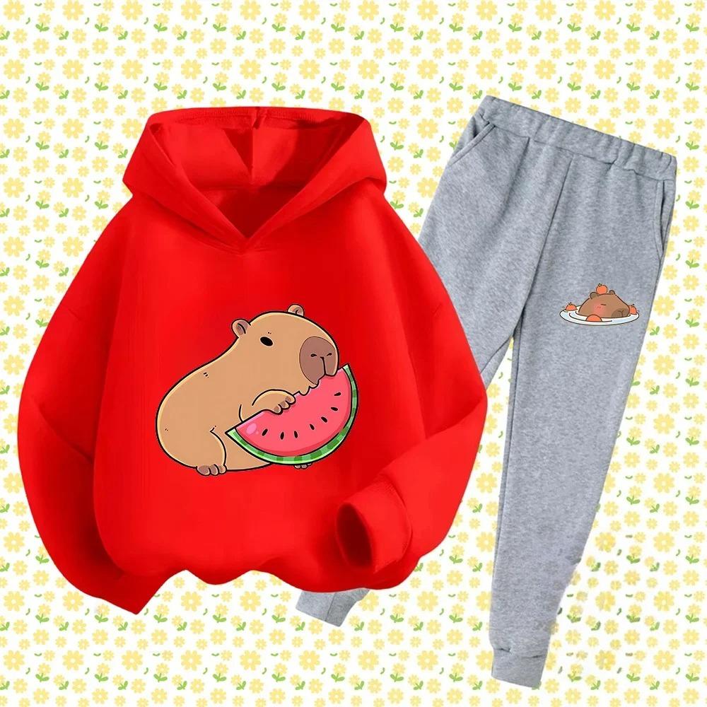 Autumn Winter New Capybara Cartoon Print Outfit Kids Hoodie Set Boys Girls 3-17 Casual Fashion Children's Set Trousers Pant Suit