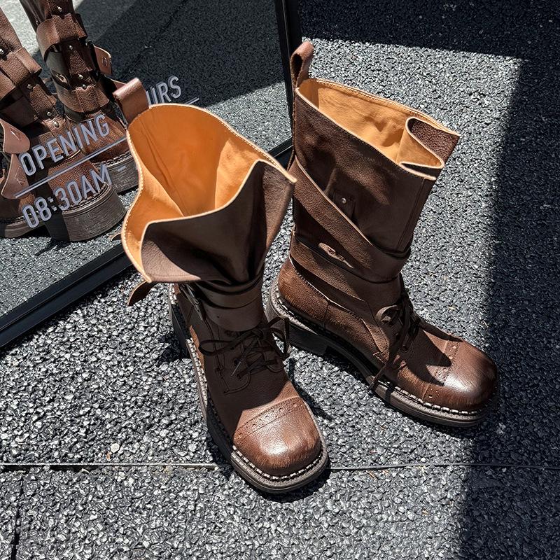 Leather Thick-soled Thick-heeled Polished Martin Boots Women's 2025 New Medium Tube Belt Buckle Locomotive Boots Single Boot Design Sense