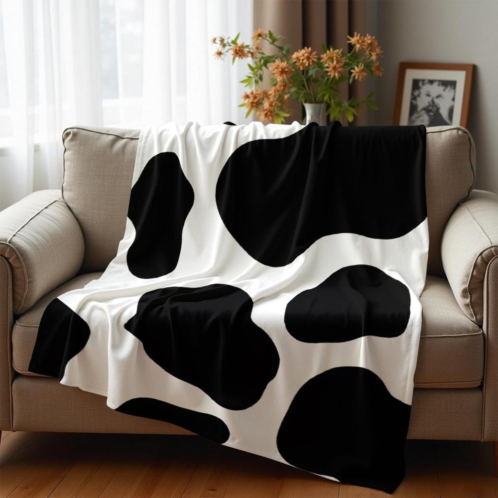 Classic Black White Cow Spots Soft Flannel Blanket Breathable Warm Throw for Office Car Sofa Kids Room Birthday Xmas Gift
