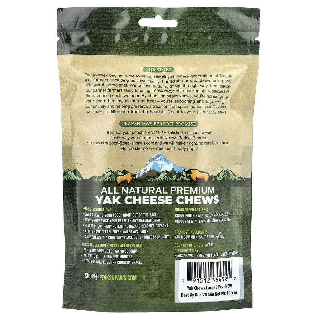 peaksNpaws, 100% Natural Premium Yak Cheese Chews, Large, 3 Chews, 10.5 oz
