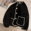 Women's Korean Style Color Block Lambswool Cardigan: Loose Fit, Contrast Stitching, Button-Up, Pocketed, Long Sleeve, Round Neck Winter Coat