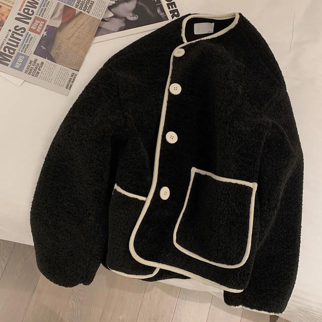 Women's Korean Style Color Block Lambswool Cardigan: Loose Fit, Contrast Stitching, Button-Up, Pocketed, Long Sleeve, Round Neck Winter Coat