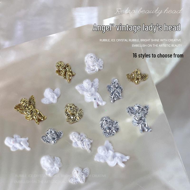 Baroque Angel Relief 3D Nail Art Decorations - Vintage White Metal, 5 Pieces