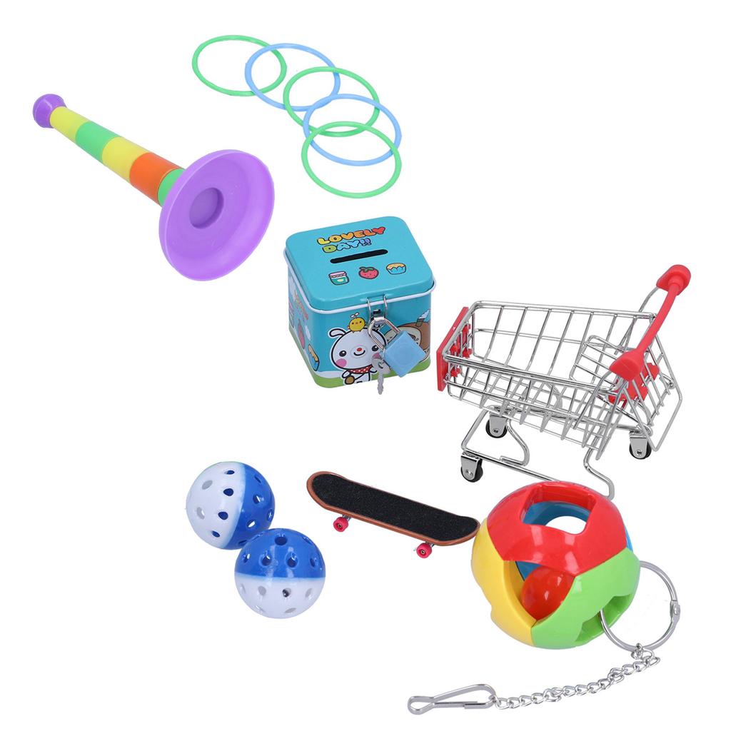 7pcs Parrot Puzzle Toys Set Mini Cart Training Rings Skateboard Bell Ball Kit for Birds