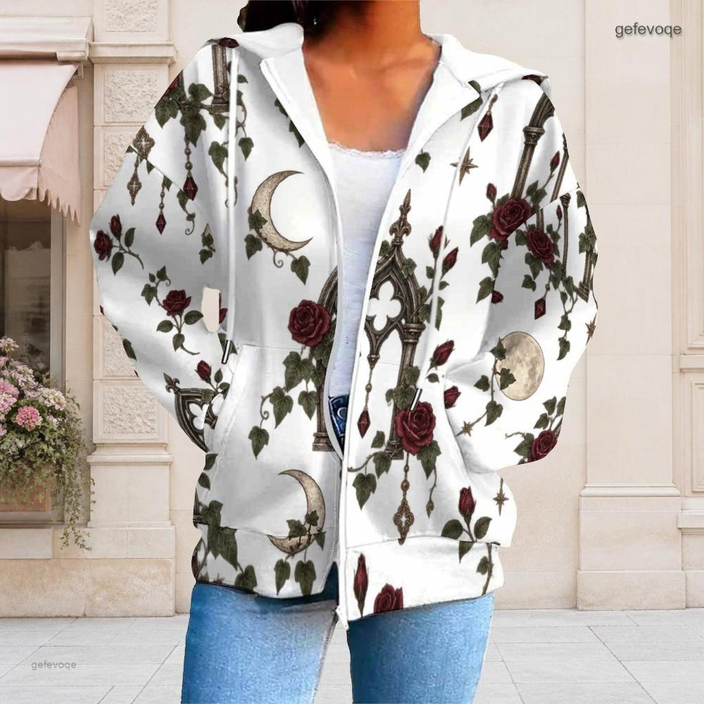 Women Plus Size Zip Up Long Sleeve Hoodie Black Cat Pumpkin Leaf Printed White Sweatshirt With Pockets