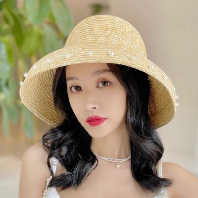 French Retro Elegant Pearl Fine Straw Big Eaves Bell-Shaped Basin Hat Women'S Summer Sunshade Vacation Beach Seaside Straw Hat