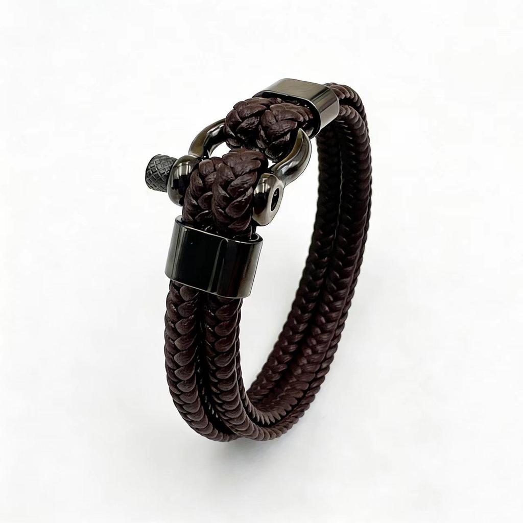 Men's Retro Horseshoe Buckle Leather & Stainless Steel Stackable Bracelet