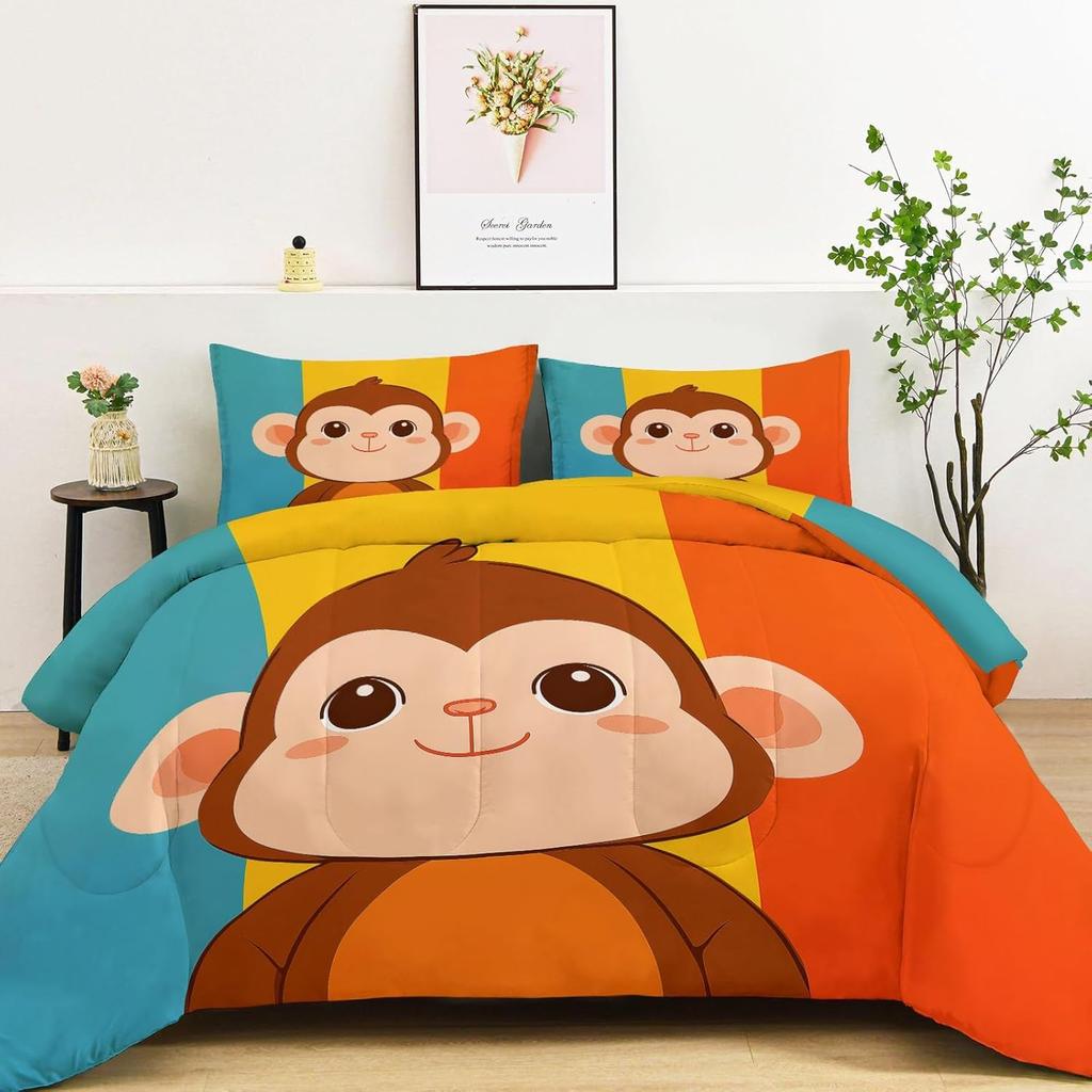 Kids Bedding Set,Cartoon Animal Monkey Single Duvet Cover Set Soft Easy Care Polycotton Quilt Duvet Cover with Pillowcases 75*50