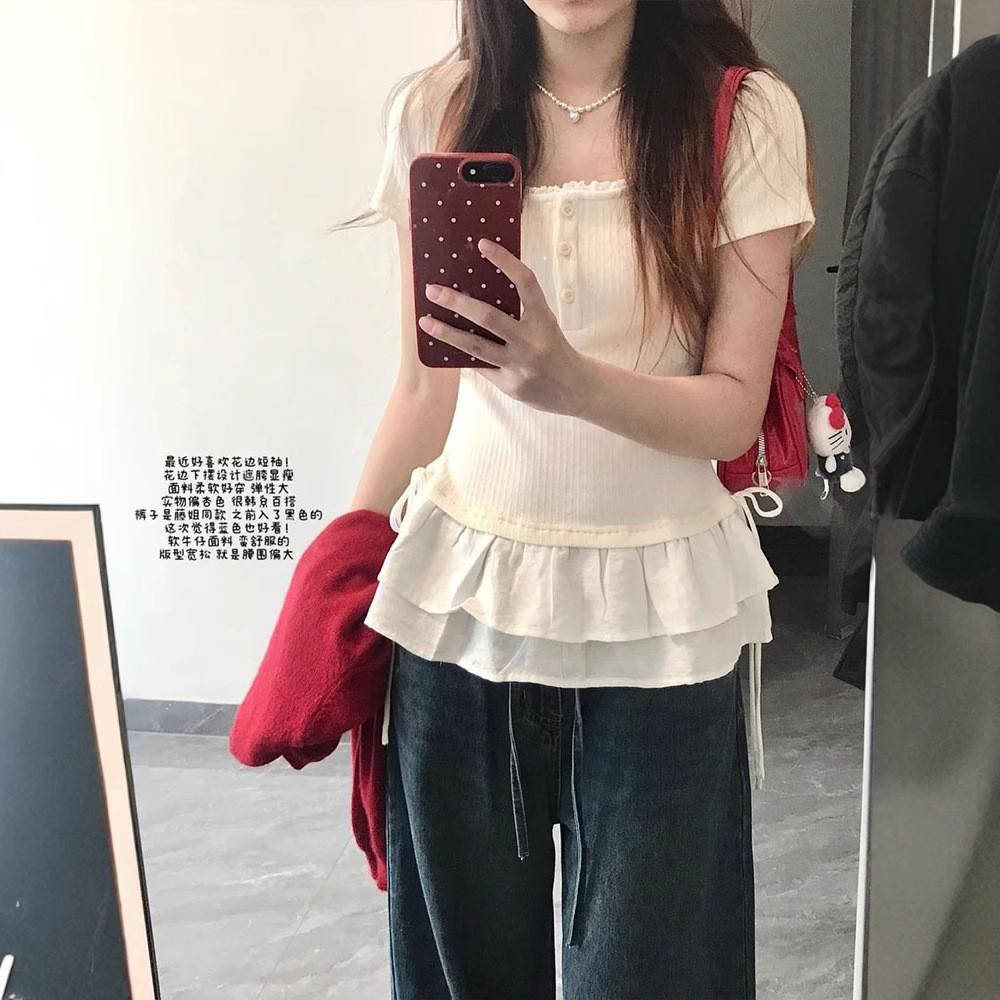 Pure desire lace U-neck slim-fit short-sleeved women s clothing summer new Korean ballet lace hem top S абрикосовый