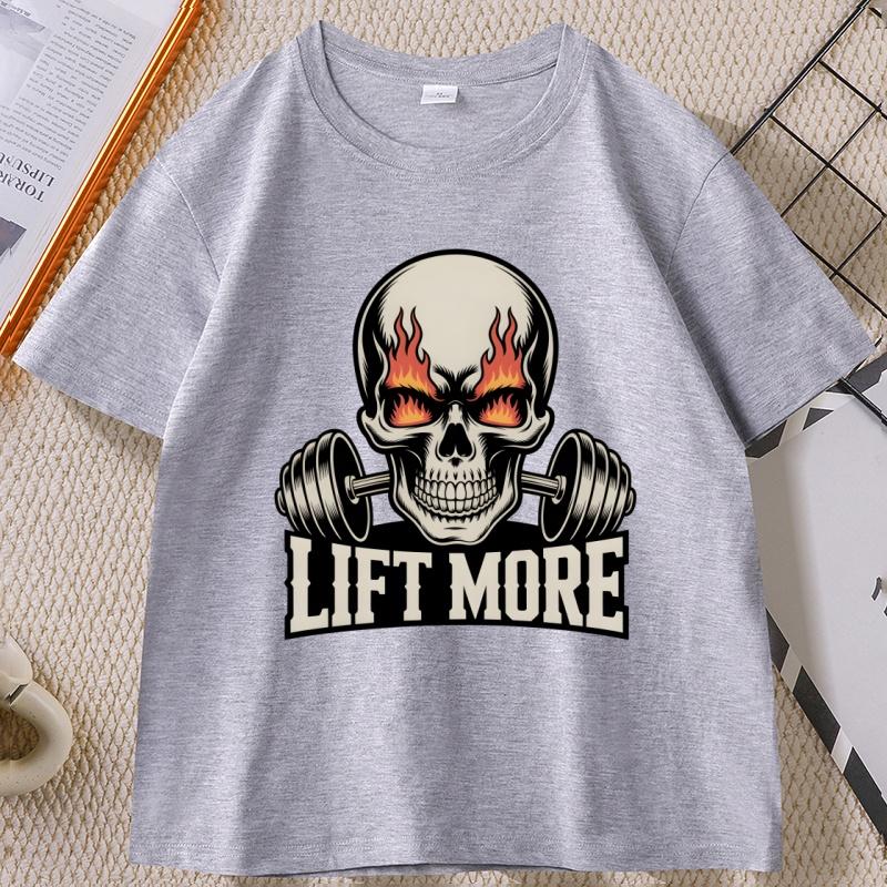 Flaming Skull Lift More T Shirt for Unisex Fire Eyes Gym Tshirt Casual Cotton Shortsleeved Tshirt Unisexs Clothing Ropa Hombre