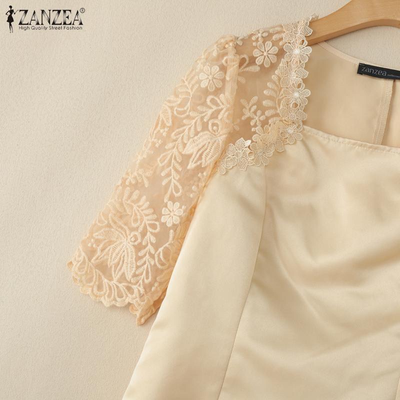 ZANZEA Women Square Neck Casual Lace Splice Half Sleeve Satin Blouse