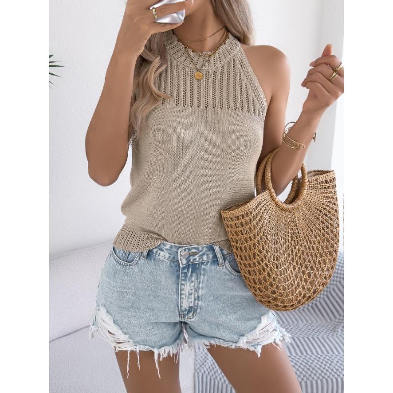 2025 Spring and Summer Sleeveless Knitted Women Sweater Casual Solid Color Tank Tops Slim Fit Office Simple Hollow Out Vacation Top Women's Clothing