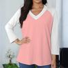Women's Casual And Fashionable Patchwork V-Neck Top With Seven Quarter Sleeves Top