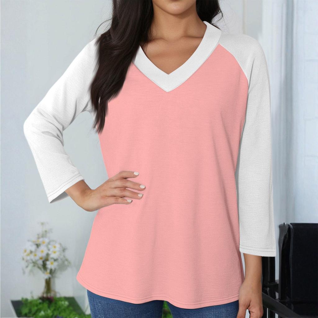 Women's Casual And Fashionable Patchwork V-Neck Top With Seven Quarter Sleeves Top