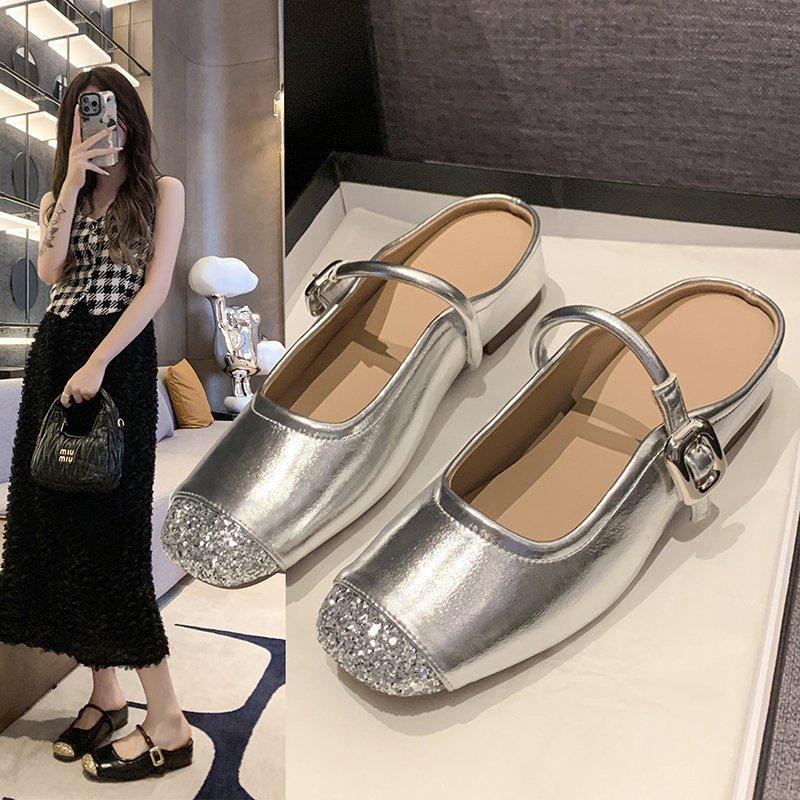 Hot Selling 2025 Silver Women's Balance Slippers Half Drag Sole Round Head Joining Ballet Slippers With Drawstring Mary Sandals