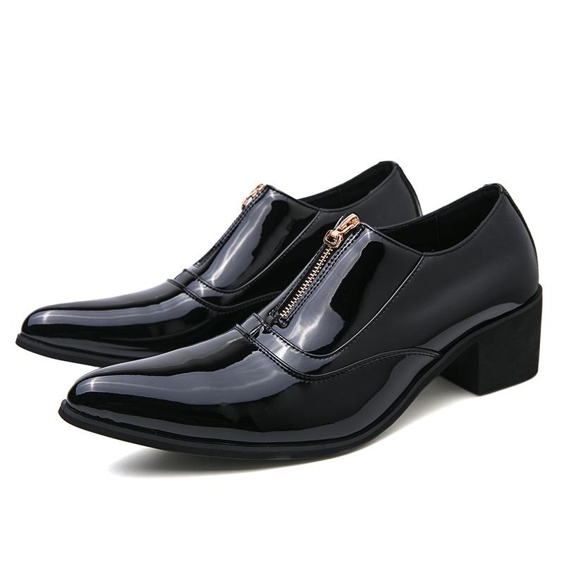 Men's Cross-Border Shiny Leather Dress Shoes - Pointed, Chunky Heel, Height Increasing, Zippered for Spring & Autumn