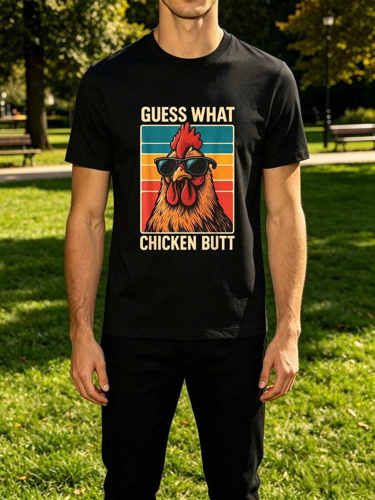 Guess What Chicken Butt Cool Rooster Sunglasses Graphic Unisexs Crew Neck Short Sleeve Tee Casual Street Soft Daily Basic Wear Top