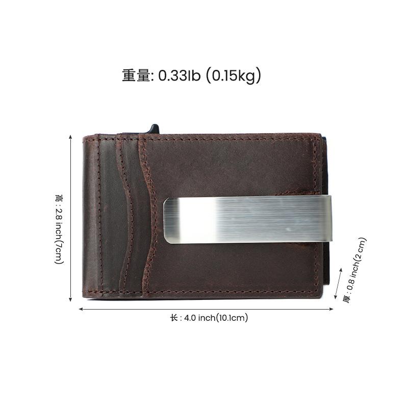 Pure Cowhide Retro Men'S Card Bag, Small Design, Automatic Card Elastic Small Wallet, Genuine Leather Card Cover Bag, Dollar Clip Men'S Bag