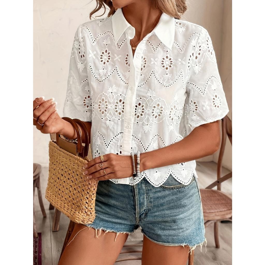 New Women's Solid Color Lace Shirt with Hollowed Out Women's Short Sleeved Casual Top