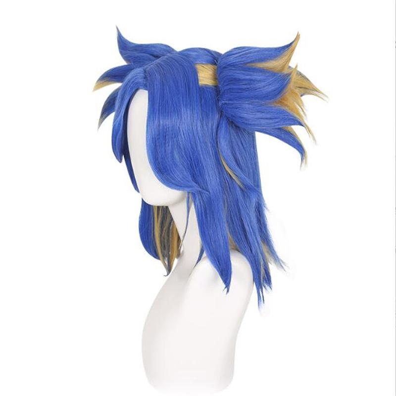 Game Valorant Neon Cosplay Wig Short Blue Mix Blond With 2 Clip Ponytails Heat Resistant Synthetic Hair Role Play Wigs + Wig Cap