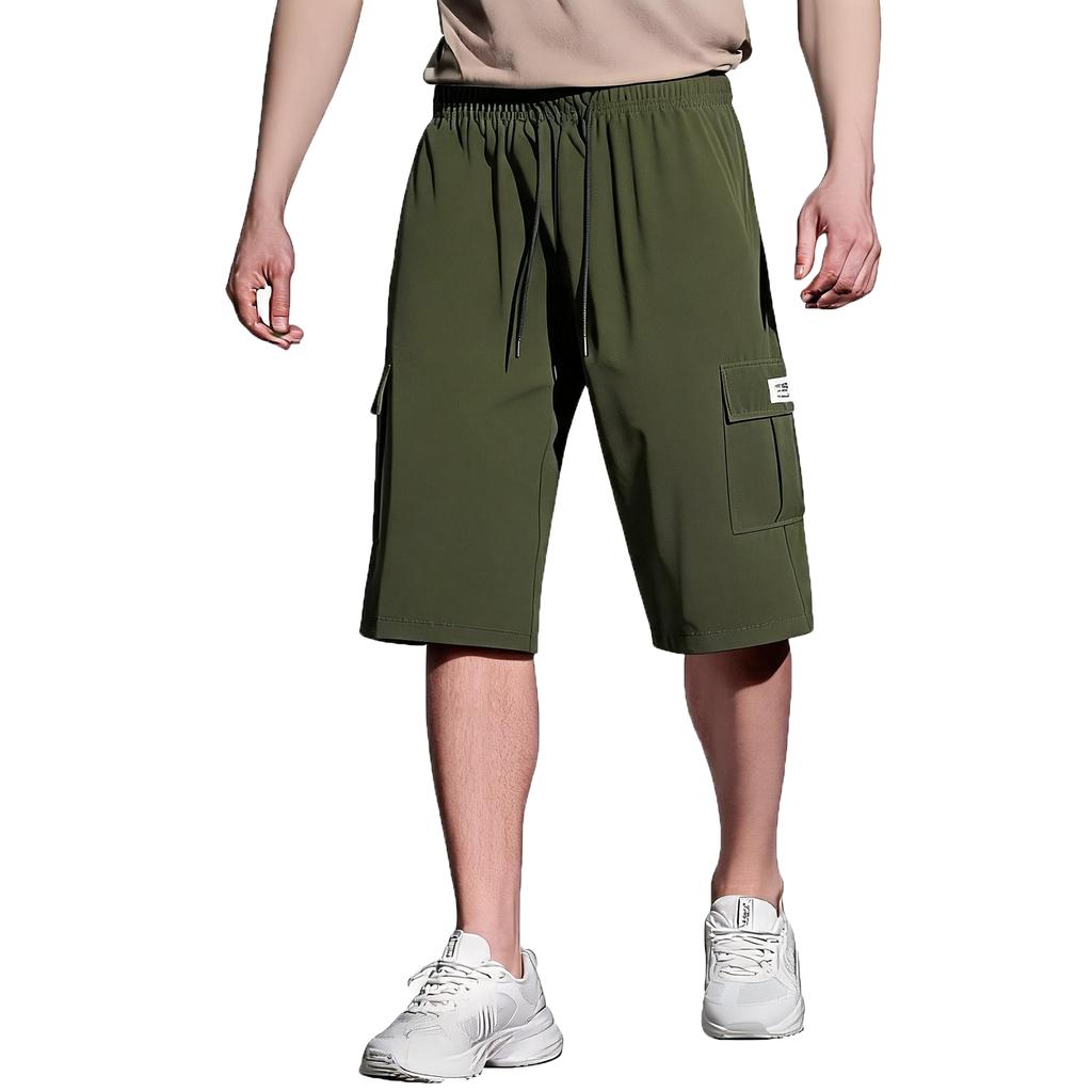 Men's Solid Color Cargo Shorts Summer Lightweight Outdoor Sports Multi Pocket Casual Workwear Shorts with Elastic Waist Drawstring