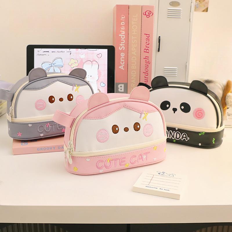 Large Capacity Waterproof Pencil Bag Cute Cartoon Panda Kitten Pencil Case Kawaii Animal Stationery Storage Bag Student Supplies