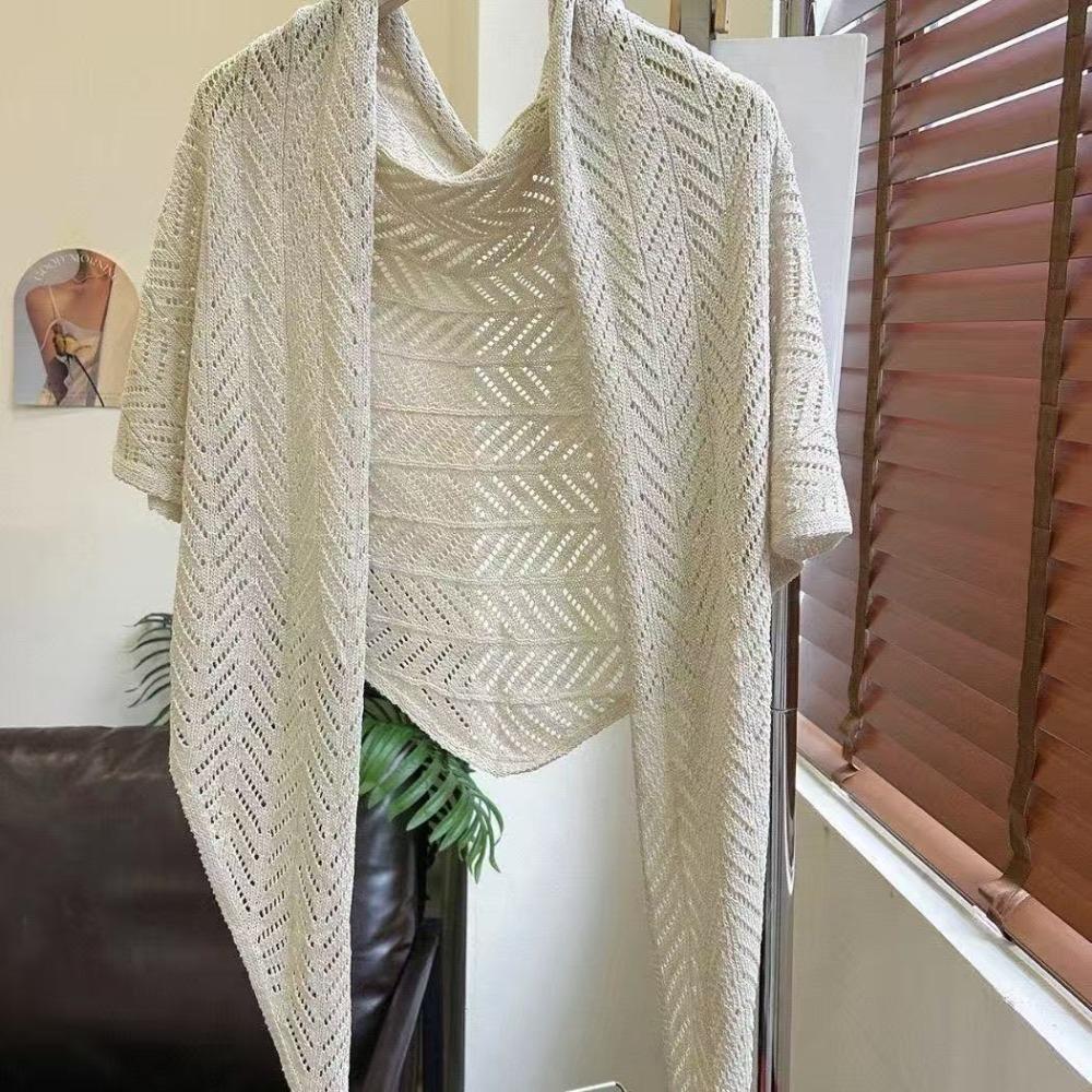 Casual Hollow Out Knitted Triangle Scarf Solid Color Sun Protection Vacation Shawl Breathable Thin Cardigan Cape бежевый