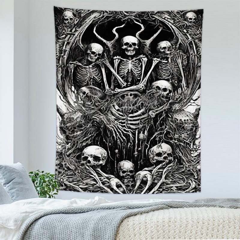 Gothic Skull Tapestry Dark Aesthetic Wall Hanging, Skull and Skeleton Thriller Halloween and Room Home Decoration 100X70CM