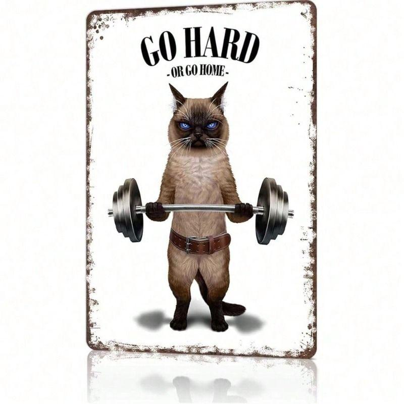 

Vintage Cat with Dumbbells Metal Wall Art, Gym Decor