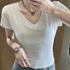 Front Shoulder V-neck Short-sleeved T-shirt Women's Summer New Korean Pure Desire Bottoming Slim and Thin Women's White Top