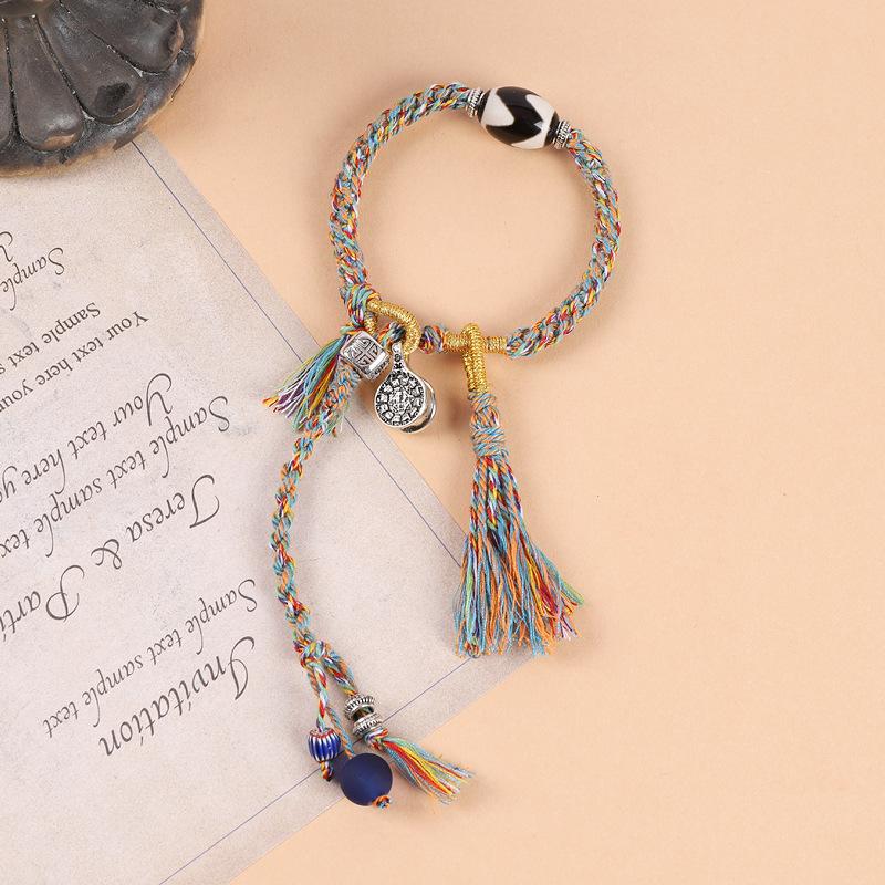 Original Design Retro Tibetan Nine-eye Dzi Bead Bracelet, Men's and Women's Hand Rubbing Rope, Woven Fringed Wenwan Hand Rope
