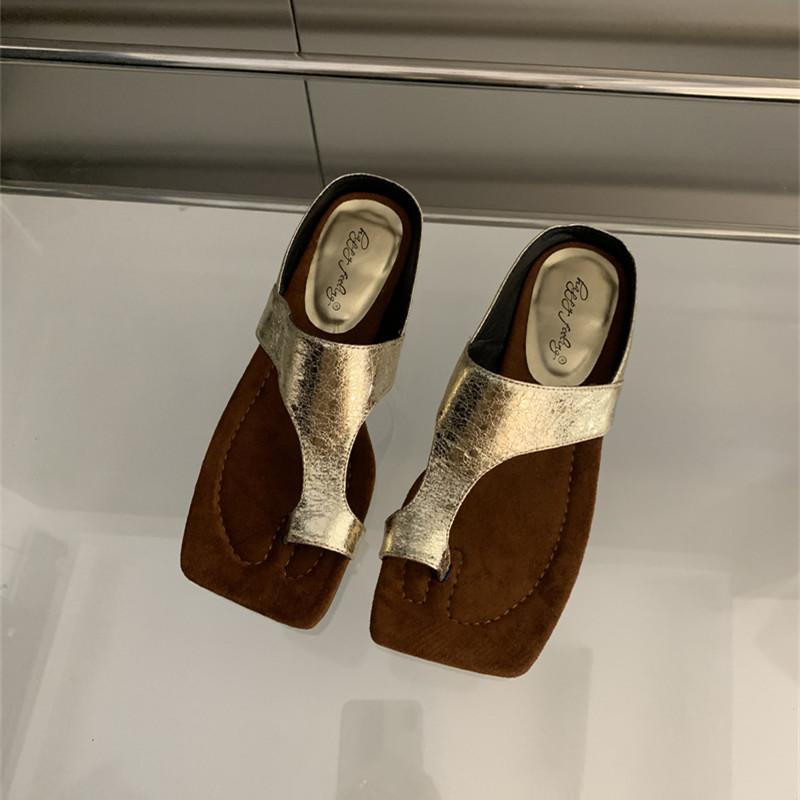 Mode Bailamos Mode Damen Hausschuhe Basic Zehenring Damen Sandalen Sommer Retro Peep Toe Einfarbig Täglich Lässig Flache Sandalen Strand Pantolette