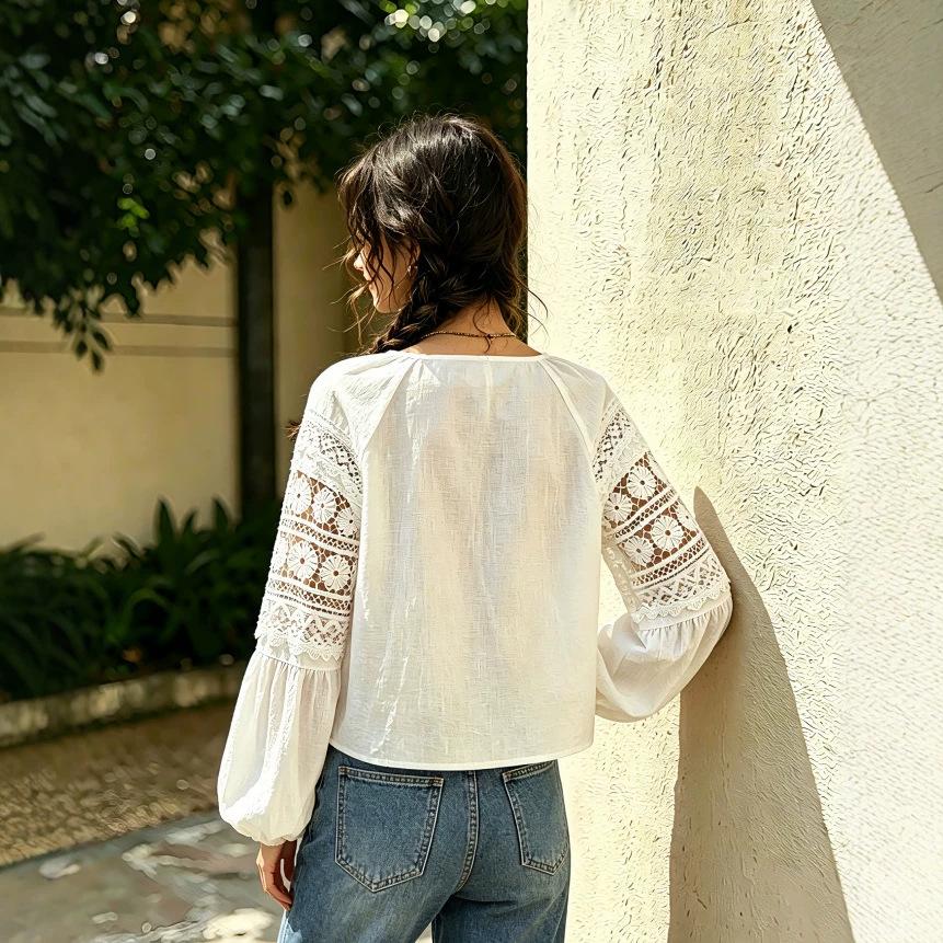 European and American Style Women's Embroidered Hollow Lantern Sleeve Shirt Women's Loose Fringed V-neck Long-sleeved Design Top