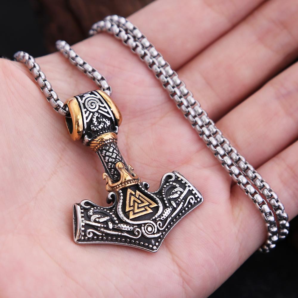 Fashion Vintage Viking Thor's Hammer Pendant Necklaces Punk Hip Hop Nordic Valknut Necklace Male Amulet Jewelry Gifts Wholesale