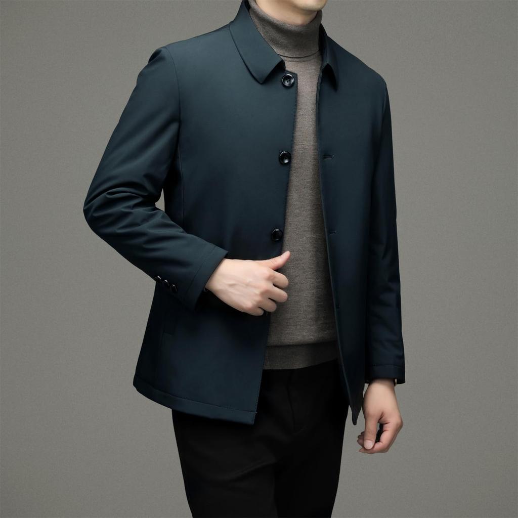 Collared Down Business Single Suitable for Senior [FJSSLHXK] Men's Jacket, Outerwear, Fold-Over Collar, Button, Men, Commuting, Autumn/Winter, Green,