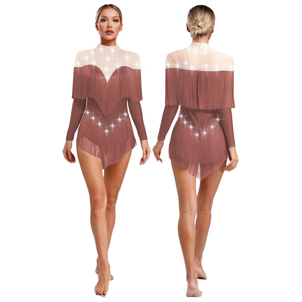 Stage Dance Bodysuit for Women - Latin Style with Tassels, Shiny Rhinestones & Sheer Mesh Long Sleeve Design