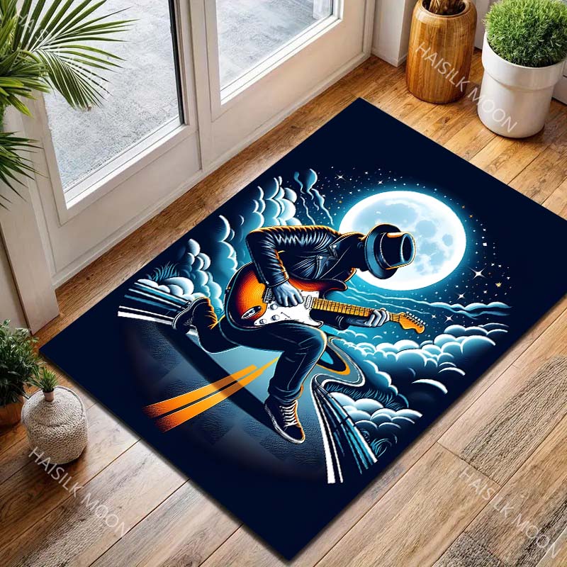 Mehrere Größen Gitarrist unter Vollmond Teppich für Wohnzimmer Schlafzimmer Sofa Heimdekoration Rus Rutschfeste Bodenmatte Luxusgeschenk