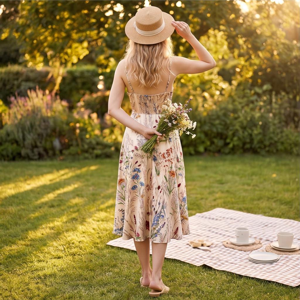 Women's Colorful Floral Print V-Neck Spaghetti Strap Dress