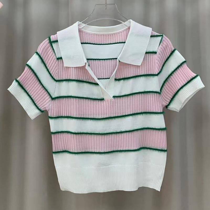 Fashion College Style Short-sleeved Knit Sweater Female Summer Color Collision Striped Thin T-shirt Tops Casual Essential Slim Fit Pullovers Tees