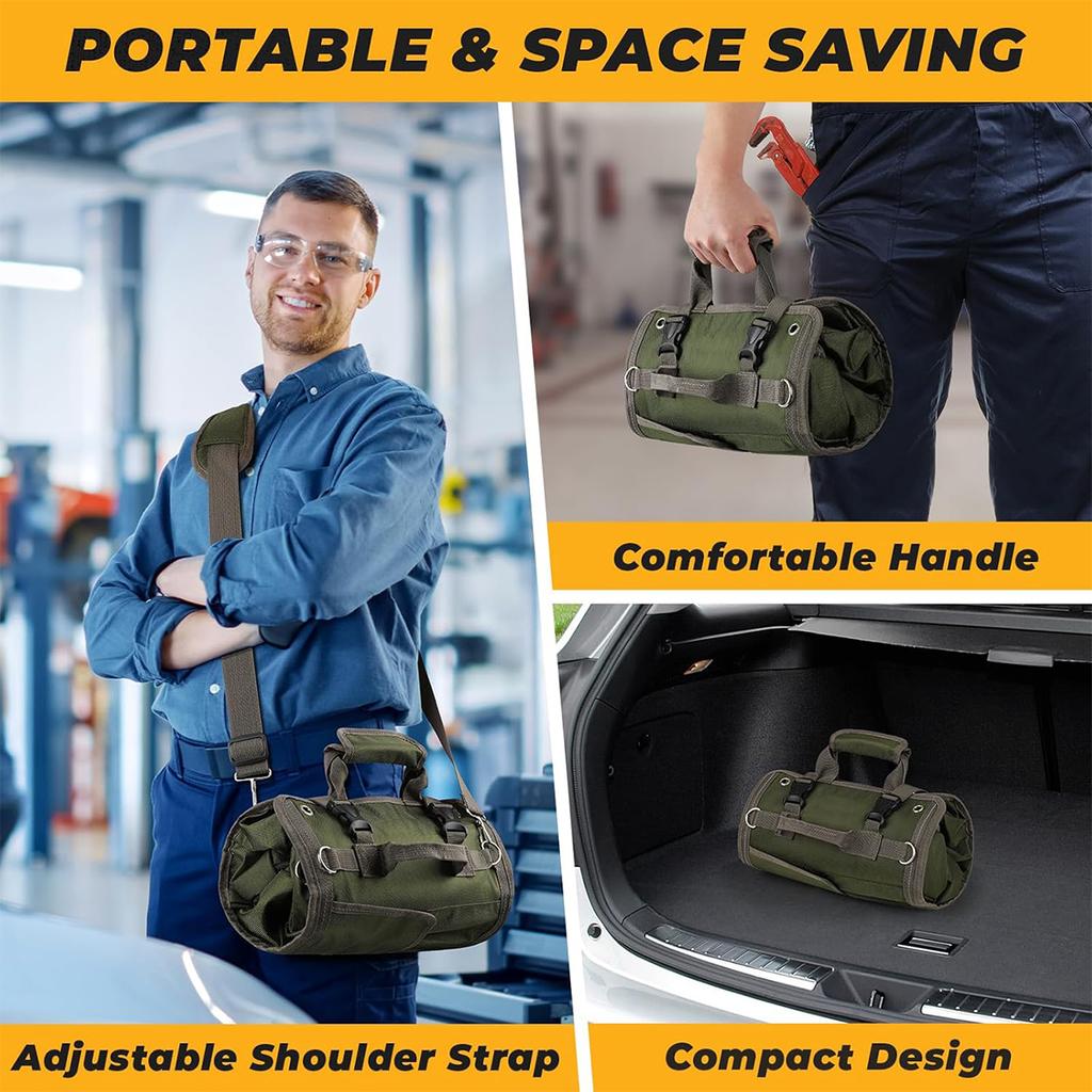 Heavy Duty Tool Bag,Roll Up Tool Organizer,Portable Storage with Detachable Zipper Pouch,Carrier Bag for Electrician Mechanic