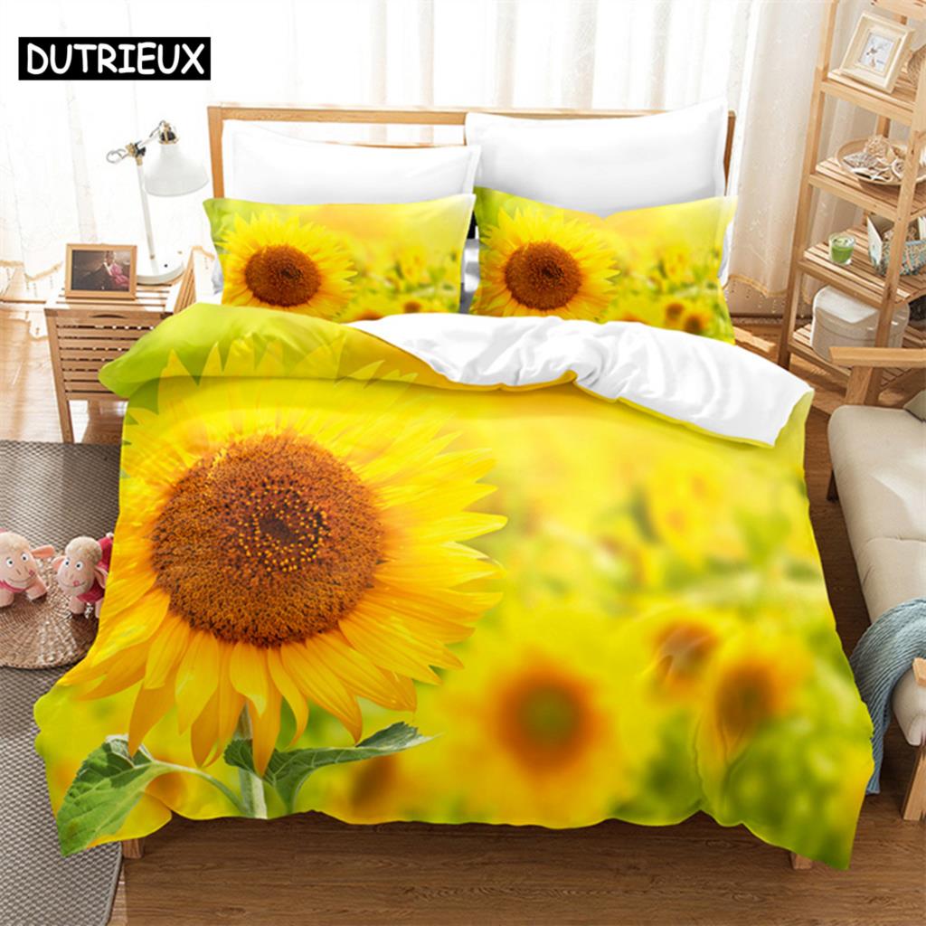Floral Quilt Cover Queen Size Sunflower Duvet Cover 3D Bedding Set 3Pcs 2Pcs With Pillowcase King Full Twin Single Double Beds
