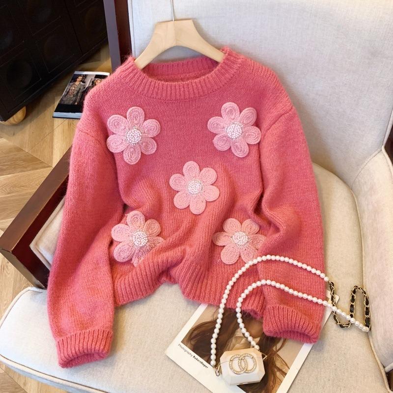 

Winter new high-end heavy industry lazy wind handmade flower embroidery pullover wool knitted sweater women one size fits all сірий колір