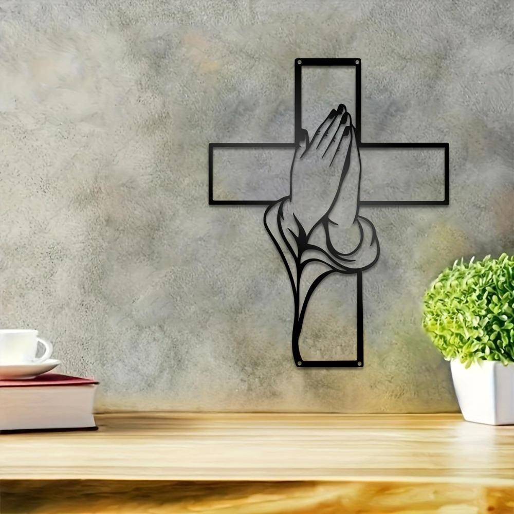Praying Hands Iron Wall Cross Modern Religious Metal Decor Living Room Artwork Housewarming Gift Home Spiritual Minimalist Sculpture