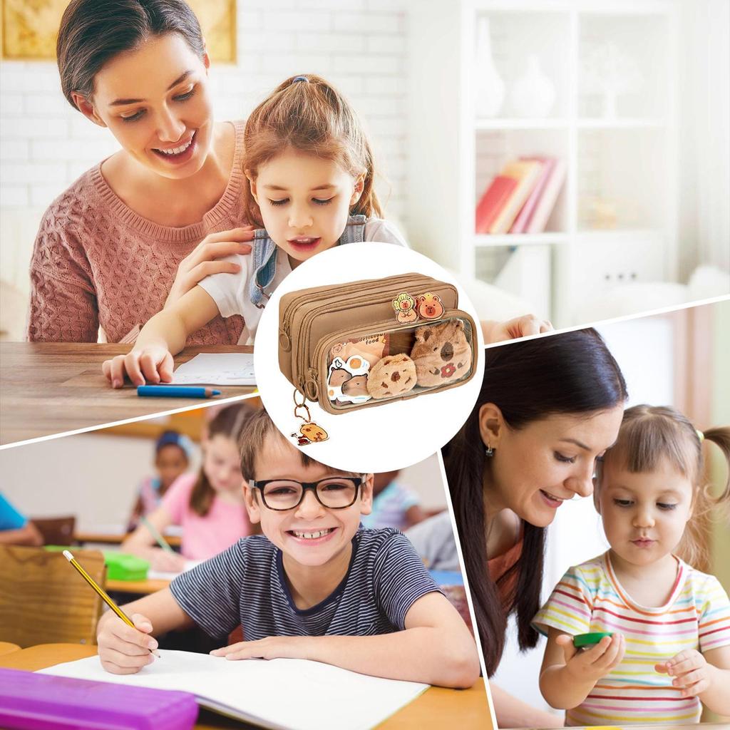 22x13x6cm Capybara Pencil Pouch 10 Compartment Transparent Pencil Pouch Wide Opening Mouth Pencil Pouch With Cute Pins Plush