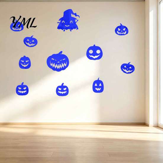 Matte Black Pumpkin Decor for Shop Window 11Pcs Halloween Mirror Wall Stickers, Self-Adhesive Acrylic Ghost Decals, DIY Removable Modern Art