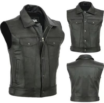 Gilet casual in pelle da uomo per moto con cerniera e bottoni