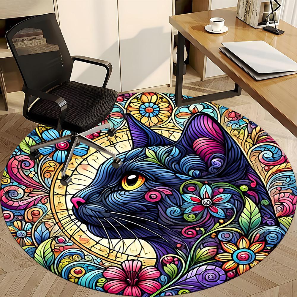 1pc Cat Flowers Office Round Area Rug, Indoor Mat Suitable For Office, Under Office Chairs Bedroom Living Room Home Decor, Room Deco