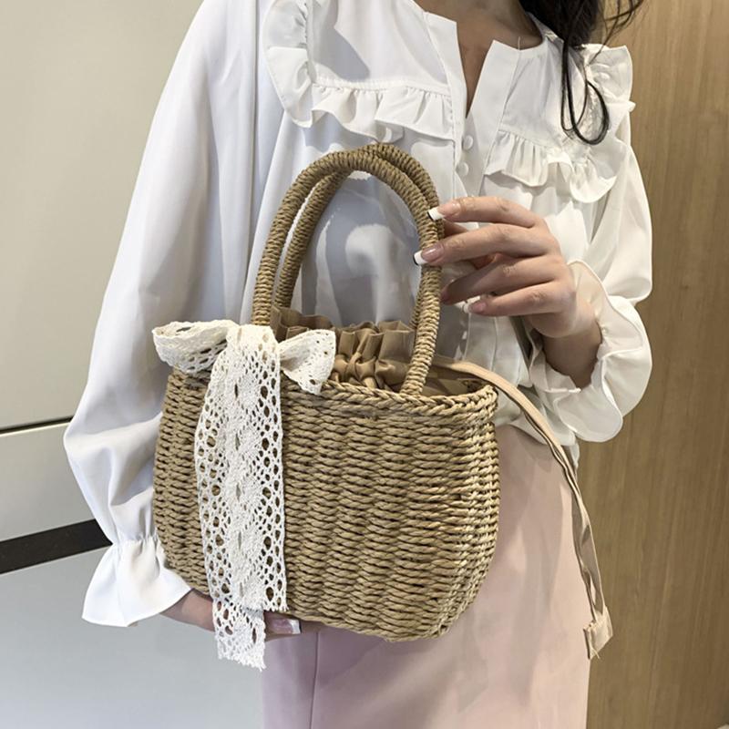 Women Straw Woven Drawstring Handbag Girls Solid Color Holiday Purse Crossbody Beach Bags Summer Rattan Tote