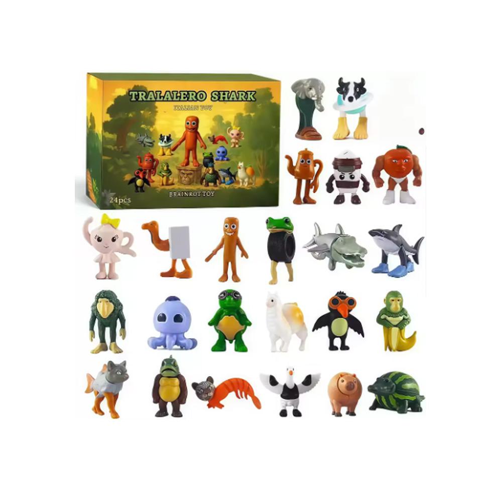 Christmas Arrival Calendar 24 Grid Countdown Brainrot Tung Sahur Pendant Acrylic Cartoon Animal Shark Wooden Stick Model Gift