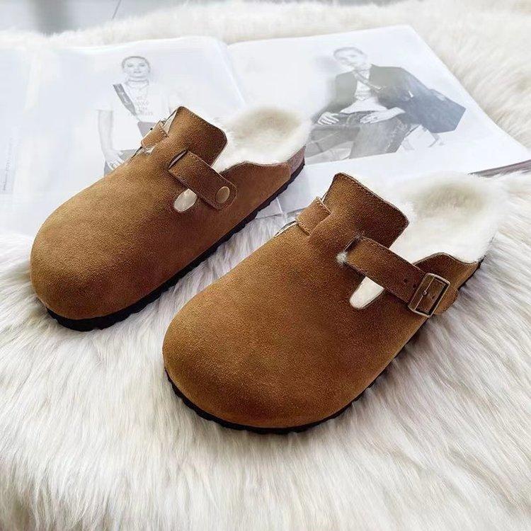 Pink platform Boken shoes, fluffy shoes, autumn and winter models, one-pedal outer wear, lazy retro bag head, half drag, velvet women's shoes